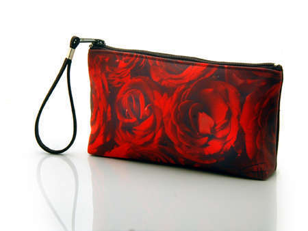 "Romance'"
Cosmetic/clutch bag with zipper closure, interior attached key fob   10" x 5.5" x 1.75"- at base 6.5" 